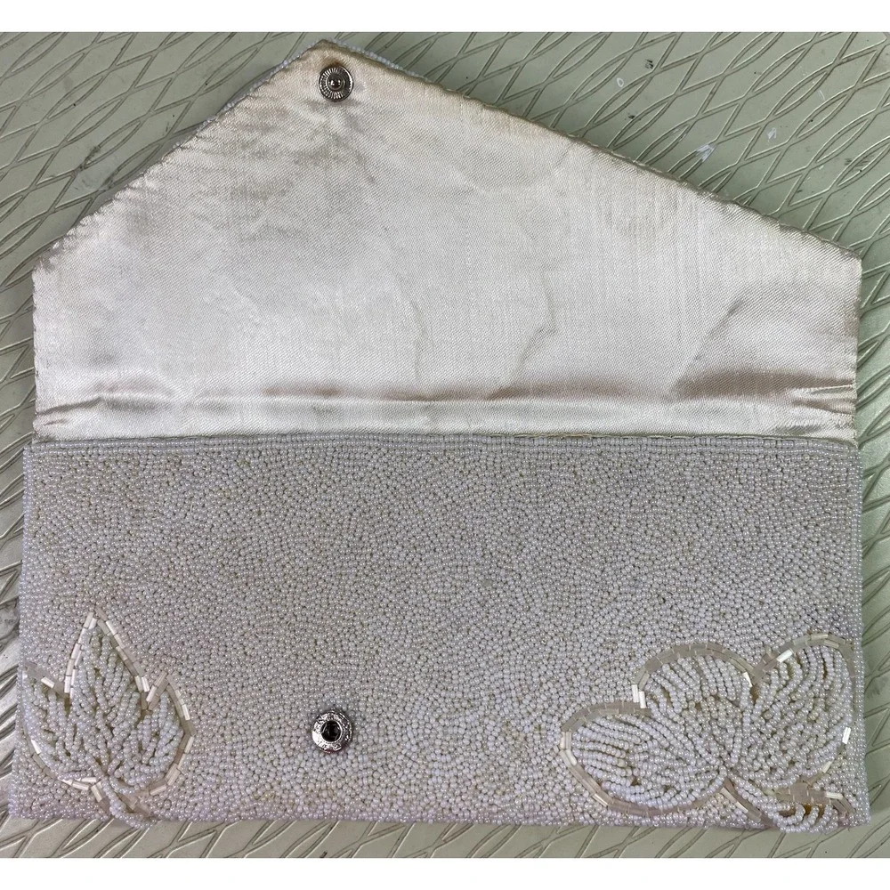 Vtg.Hand Made Ivory Clutch Purse W/Italian Beads Formal Prom Wedding 5x9.5x1/2